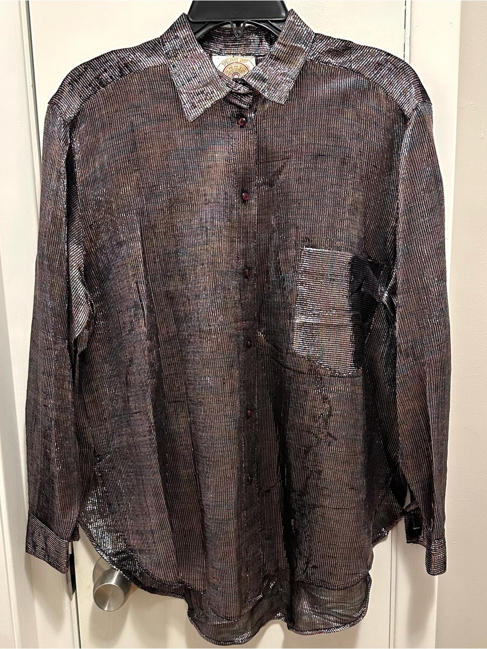 Vintage Year Of Shiny Disco Iridescent Button Up Collared Long Slv Shirt Top M